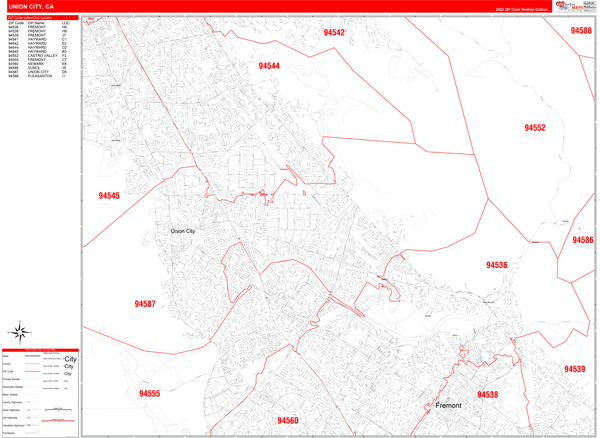 Union City City Wall Map Red Line Style